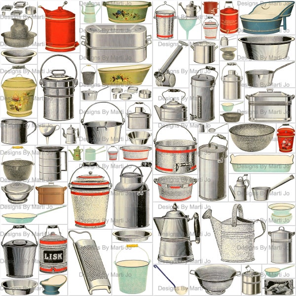 Vintage 1905 Metal Houseware Items Clipart | 75 Printable Vintage Household Items | BONUS: Three 8.5 x 11 JPGs Of All Images (5x5) | VC114