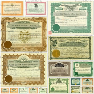 Lot 1 de certificats d'actions d'automobiles et de camions vintage | 18 certificats d'actions de voitures anciennes | Utilisation commerciale OK | JJ70
