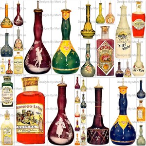 Vintage Barber Bottles | Colorful Antique Bottle PNG Clipart | Instant Digital Download | VC79
