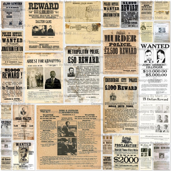 Vintage Wanted / Reward Posters | 28 Printable JPG Files | People Ephemera | Digital Download | TC8