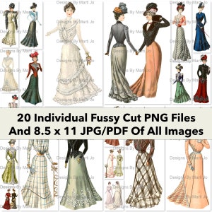 Vintage 1899 Images de mode dames coupe fuselée | 20 fichiers PNG de vêtements imprimables | BONUS : une image Jpg et Pdf 8,5 x 11 (5 x 5) | PV1