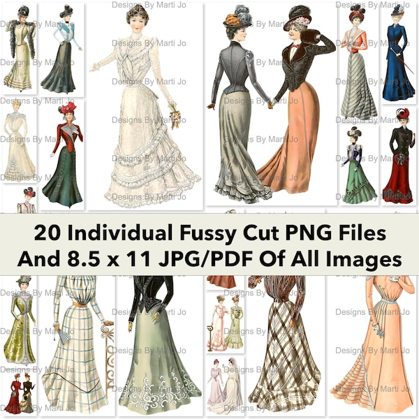 Vintage 1899 Fussy Cut Ladies Fashion Images | 20 Printable Clothing PNG Files | BONUS: One 8.5 x 11 Jpg And Pdf Of All Images (5x5) | VP1