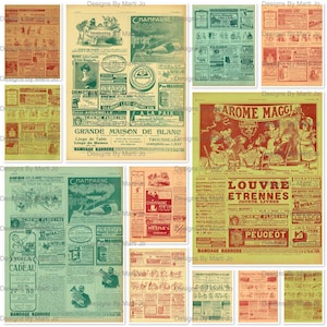 Conjunto de papel para anúncios franceses vintage | 12 anúncios franceses vintage coloridos | JPGs de 8,5 x 11 polegadas | Download instantâneo | JJ103