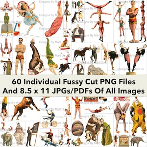 Vintage circusclipart set 2 | 60 afdrukbare pietluttig gesneden circusafbeeldingen png's | BONUS: twee 8,5 x 11 jpg/pdf van alle afbeeldingen (5 x 6) | VC5