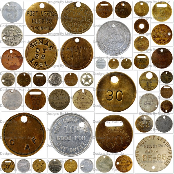 Vintage Tags And Tokens Set 1 | 50 Printable Antique Round Medallion JPGs | BONUS: Two 8.5 x 11 Jpgs And Pdfs Of All Images (5x5) | VC117