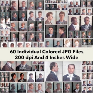 Vintage Mugshots Clipart Set 2 | 60 Printable Vintage Colorized Criminal Murderers Digital Mugshot JPG Files | Instant Download | TC11