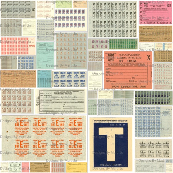 Vintage World War 2 Ration Book Clipart | 50 Printable Ration Stamps JPG Files | WW2 Ration Coupons | Digital Instant Download | VC113