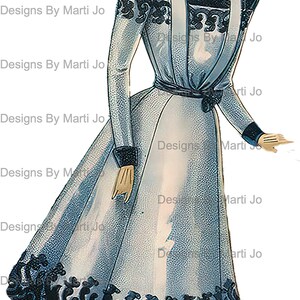 May include: A vintage illustration of a woman wearing a blue and white dress with a black lace trim. The dress has a fitted bodice and a full skirt. The woman is wearing a black hat and has her hair pulled back.