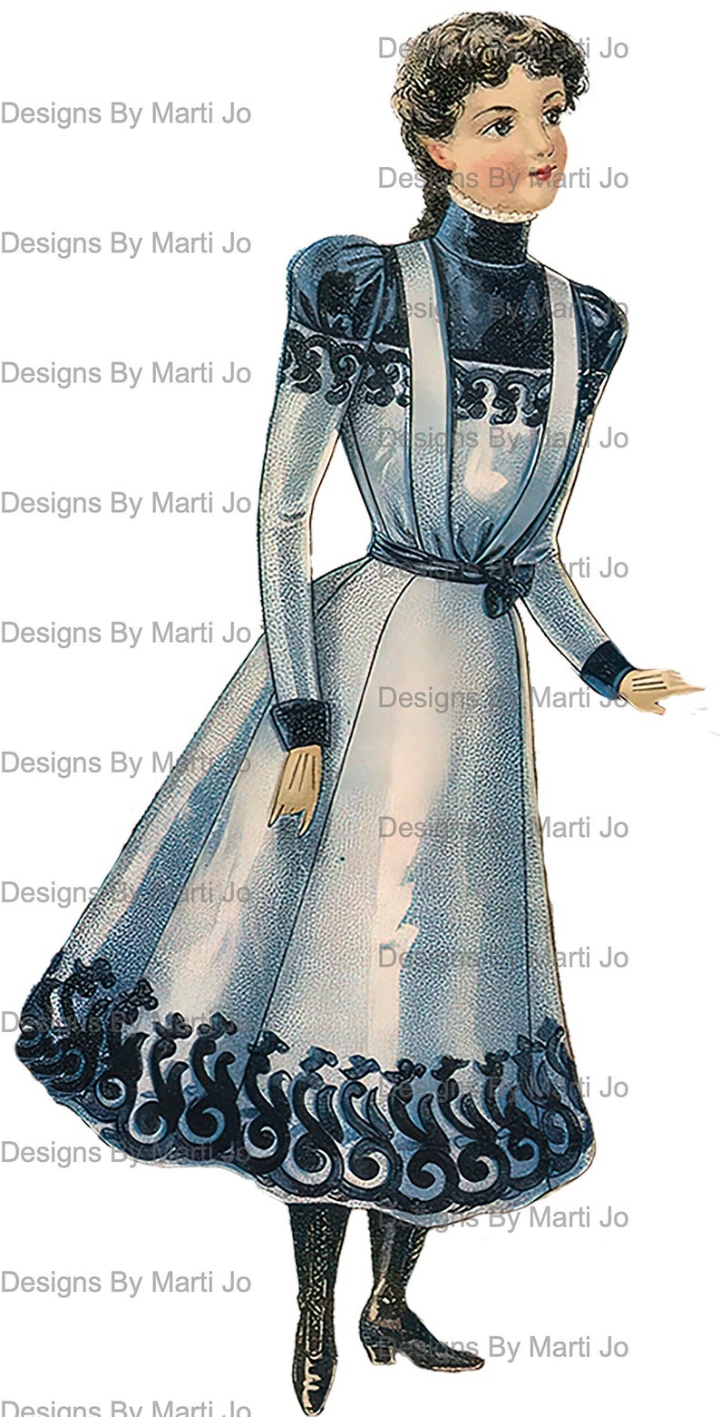 May include: A vintage illustration of a woman wearing a blue and white dress with a black lace trim. The dress has a fitted bodice and a full skirt. The woman is wearing a black hat and has her hair pulled back.