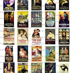 May include: A collage of vintage movie posters from the 1920s and 1930s. The posters feature stars like Tom Mix, Harold Lloyd, and Clara Kimball Young. The posters are in various colors and feature a variety of genres, including westerns, comedies, and dramas.