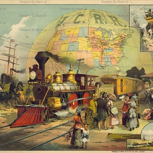 Pode incluir: Uma ilustra&ccedil;&atilde;o vintage que retrata uma locomotiva a vapor puxando um trem com passageiros. O trem viaja atrav&eacute;s de um mapa dos Estados Unidos, com o texto "C.R.R." vis&iacute;vel. A ilustra&ccedil;&atilde;o tamb&eacute;m apresenta uma carruagem puxada por cavalos, um veleiro e um grupo de pessoas esperando em uma esta&ccedil;&atilde;o de trem.
