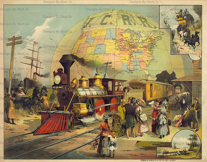 Pode incluir: Uma ilustra&ccedil;&atilde;o vintage que retrata uma locomotiva a vapor puxando um trem com passageiros. O trem viaja atrav&eacute;s de um mapa dos Estados Unidos, com o texto "C.R.R." vis&iacute;vel. A ilustra&ccedil;&atilde;o tamb&eacute;m apresenta uma carruagem puxada por cavalos, um veleiro e um grupo de pessoas esperando em uma esta&ccedil;&atilde;o de trem.