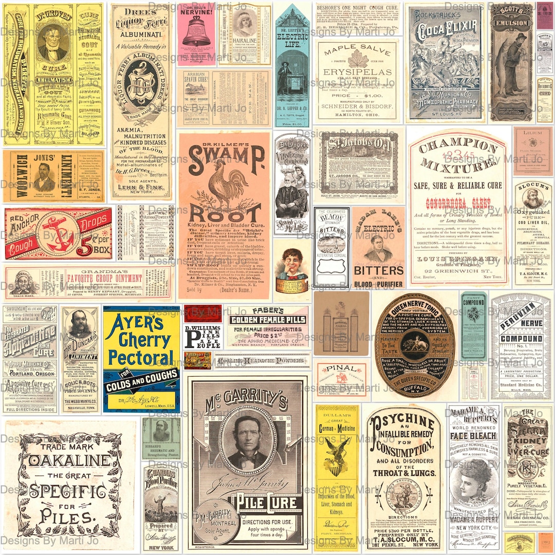 Vintage Medicine Labels Kit 1 | 50 Printable Old Medicine Ads JPG