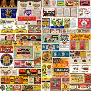 Kit de etiquetas de alimentos antiguos 2/75 archivos JPG de etiquetas de alimentos antiguos digitales BONIFICACIÓN: Tres archivos Jpg y Pdf de 8,5 x 11 de todas las imágenes (5 x 5) / VL84