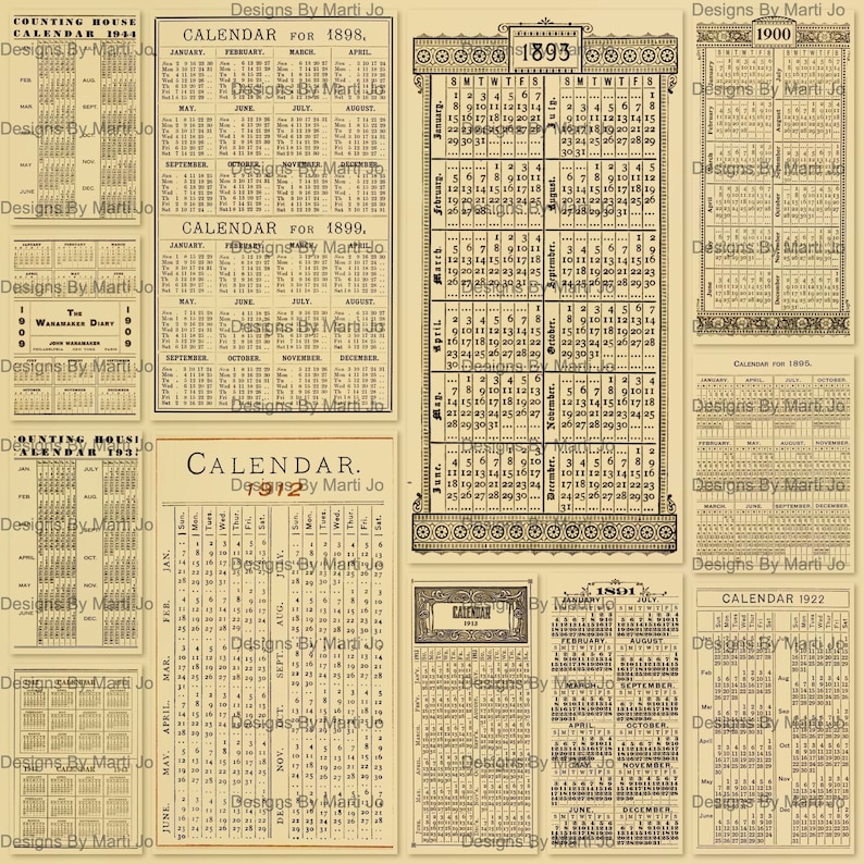 Vintage Yearly Calendar Overlay PNG Files: Printable Ephemera for Scrapbooking & Journaling | PNG53 image 1