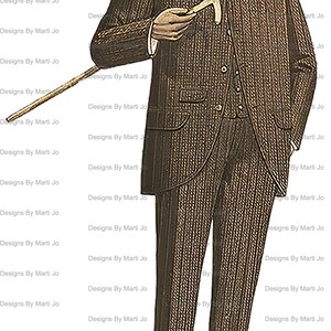 May include: A vintage illustration of a man wearing a brown suit with a pinstripe pattern, a white shirt, a bow tie, and a black bowler hat. He is holding a cane in his right hand.