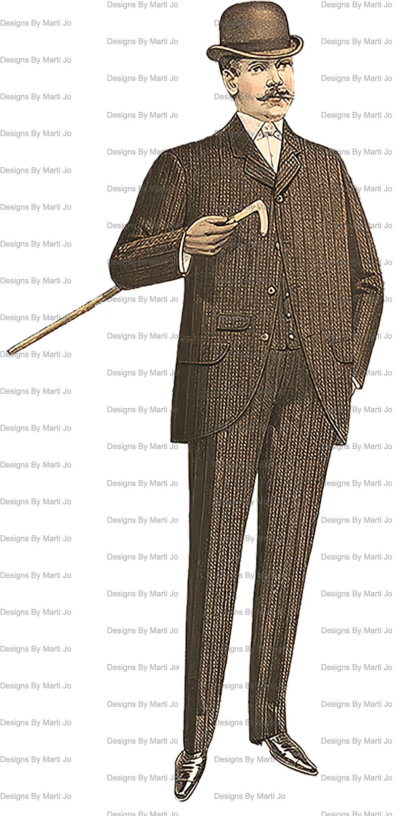 May include: A vintage illustration of a man wearing a brown suit with a pinstripe pattern, a white shirt, a bow tie, and a black bowler hat. He is holding a cane in his right hand.