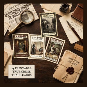 May include: A collection of 25 printable true crime trade cards, featuring historical figures like Jack the Ripper and Lizzie Borden. The cards are arranged on a wooden surface with a magnifying glass, inkwell, and vintage documents.