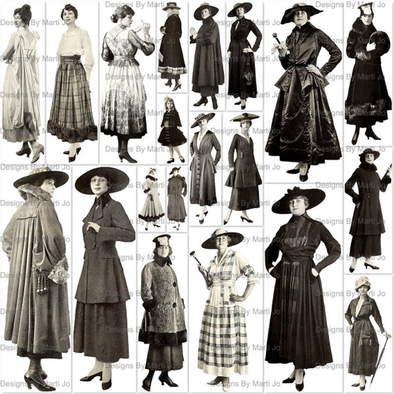 Vintage 1916 Fussy Cut Ladies Fashion Images 20 Printable Antique Women's Fashion Digital Clipart PNG Files BONUS Colorized Versions | VP32