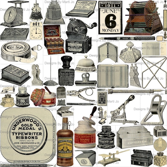 Vintage Office Supplies Elements Kit 1 60 Printable Vintage Business Items  BONUS: Two 8.5 X 11 Jpgs of All Images 5x6 VC65 