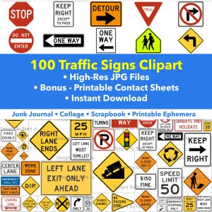 アメリカの現代交通標識100選 | ミニチュア道路標識 JPG クリップアート | ボーナス：すべての標識が 8.5 x 11 JPG (5x5、5x10、10x10) に収録 | C1