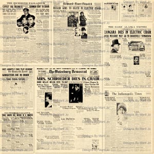 May include: A collage of vintage newspaper clippings from the 1930s, featuring headlines about gangsters, crime, and death. The headlines include "Gangsters Die in Chair", "Becker Goes to Death in Electric Chair", and "Zangara Dies in Electric Chair".