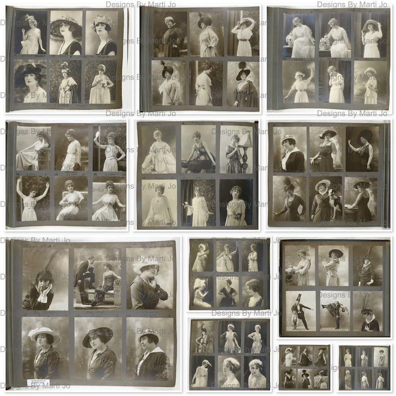 May include: A vintage photo album filled with black and white photographs of women in various poses. The album has a brown leather cover with the text "Designs By Marti Jo" printed on the front.