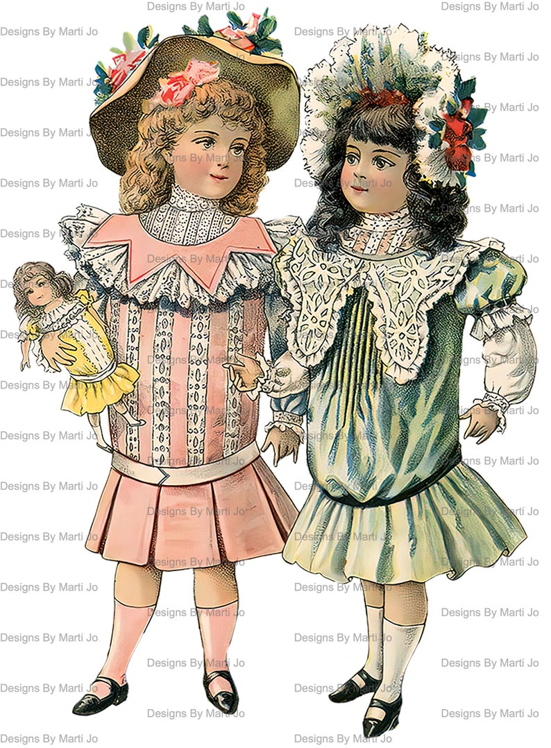 May include: Two girls wearing vintage dresses and hats. The girl on the left is holding a doll. Both girls are wearing white lace collars and have long hair. The girl on the left is wearing a pink dress with white stripes and the girl on the right is wearing a blue and green dress with white lace.