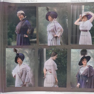 May include: A collection of six vintage postcards featuring women wearing hats and stylish clothing. The postcards are in black and white with hand-painted color accents. The postcards are from the early 1900s and feature the text "Designs By Marti Jo".