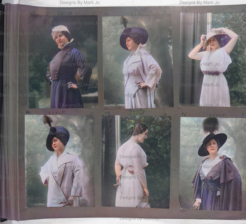May include: A collection of six vintage postcards featuring women wearing hats and stylish clothing. The postcards are in black and white with hand-painted color accents. The postcards are from the early 1900s and feature the text "Designs By Marti Jo".