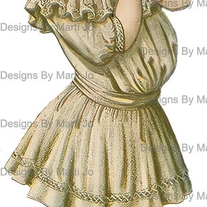 May include: A vintage illustration of a young girl wearing a white dress with lace trim and a bow in her hair. She is standing with her hands clasped in front of her, looking to the side.