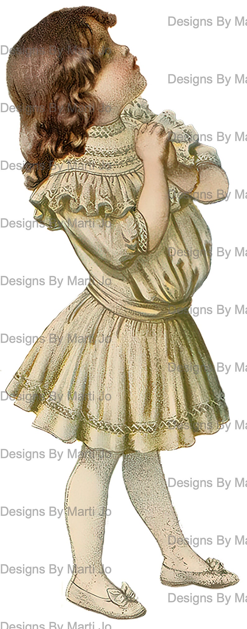 May include: A vintage illustration of a young girl wearing a white dress with lace trim and a bow in her hair. She is standing with her hands clasped in front of her, looking to the side.