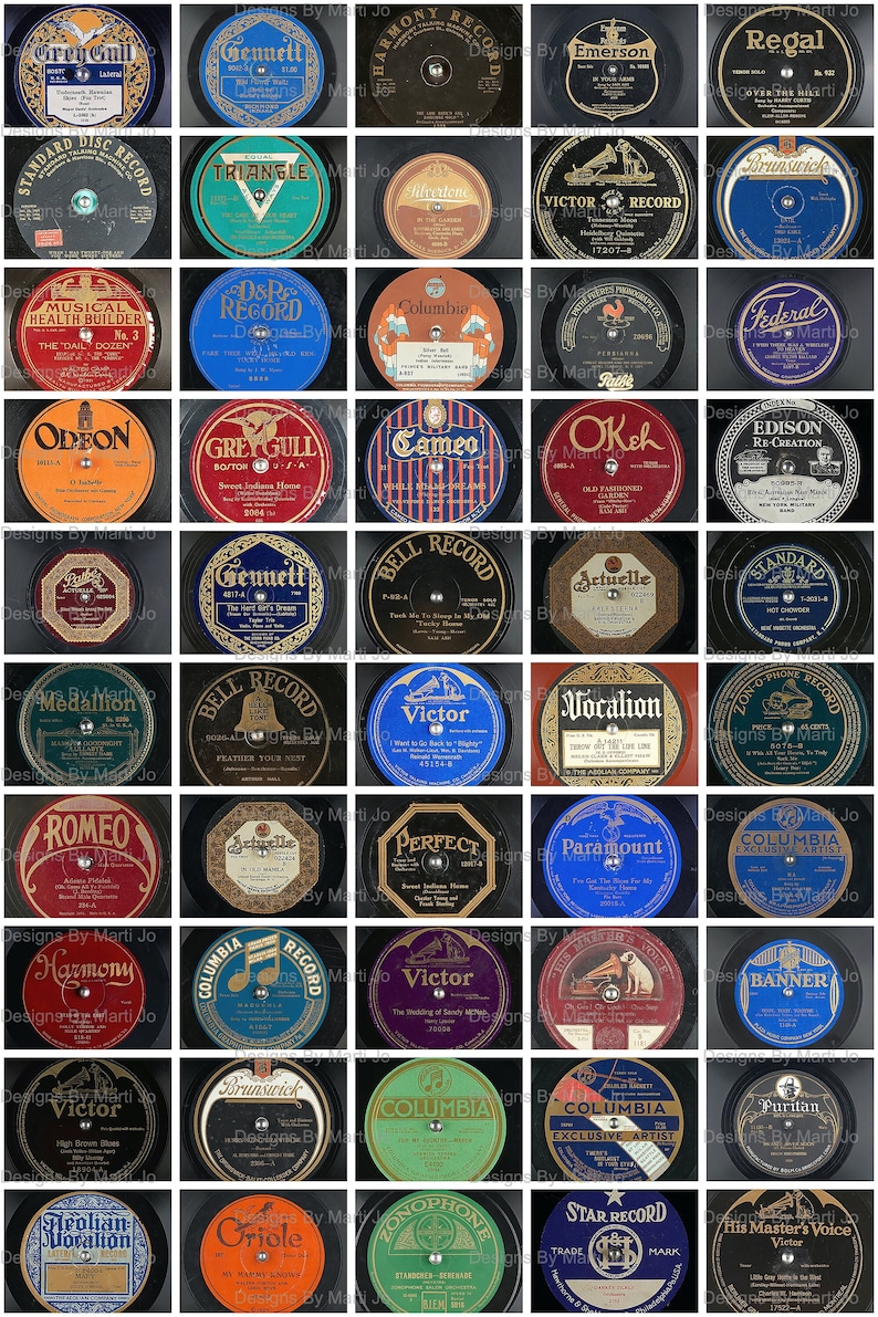 May include: A collection of 36 vintage 78 rpm record labels. The labels are arranged in a grid pattern and feature a variety of designs and colors. Some of the labels include the names of record companies such as Victor, Columbia, and Brunswick.  The labels also feature the names of popular songs and artists from the early 20th century.