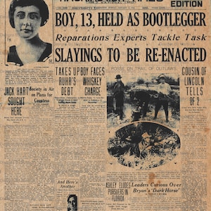 Puede incluir: Un recorte de peri&oacute;dico antiguo del Washington Times, fechado el 14 de enero de 1924, con el titular "Boy, 13, Held as Bootlegger". El art&iacute;culo trata sobre un ni&ntilde;o de 13 a&ntilde;os que fue arrestado por contrabando de alcohol. Otros titulares incluyen "Reparations Experts Tackle Task", "Slayings to be Re-enacted", "Ashley Eludes Pursuers in Florida", y "Leaders Curious Over Bryan's 'Dark Horse'".
