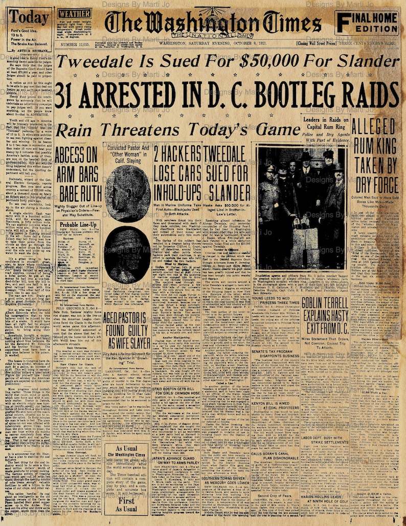 Puede incluir: Un recorte de peri&oacute;dico antiguo de The Washington Times, fechado el 8 de octubre de 1921, con titulares sobre un hombre demandado por difamaci&oacute;n, 31 personas arrestadas en redadas de contrabando de alcohol y un jugador de b&eacute;isbol que se retira debido a un absceso. El peri&oacute;dico tambi&eacute;n informa sobre un rey del ron que fue capturado por la fuerza seca y un pastor que fue declarado culpable de asesinar a su esposa.