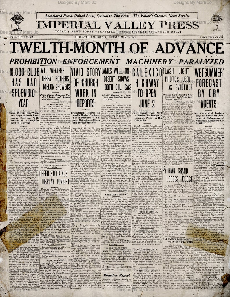 Puede incluir: Un recorte de peri&oacute;dico antiguo del Imperial Valley Press, fechado el 20 de mayo de 1921, con el titular "Duod&eacute;cimo mes de avance" y un subt&iacute;tulo "La maquinaria de aplicaci&oacute;n de la prohibici&oacute;n paralizada". El art&iacute;culo trata sobre el impacto de la prohibici&oacute;n en la comunidad, incluida la amenaza del contrabando y los esfuerzos de los agentes de la ley seca para hacer cumplir la ley.