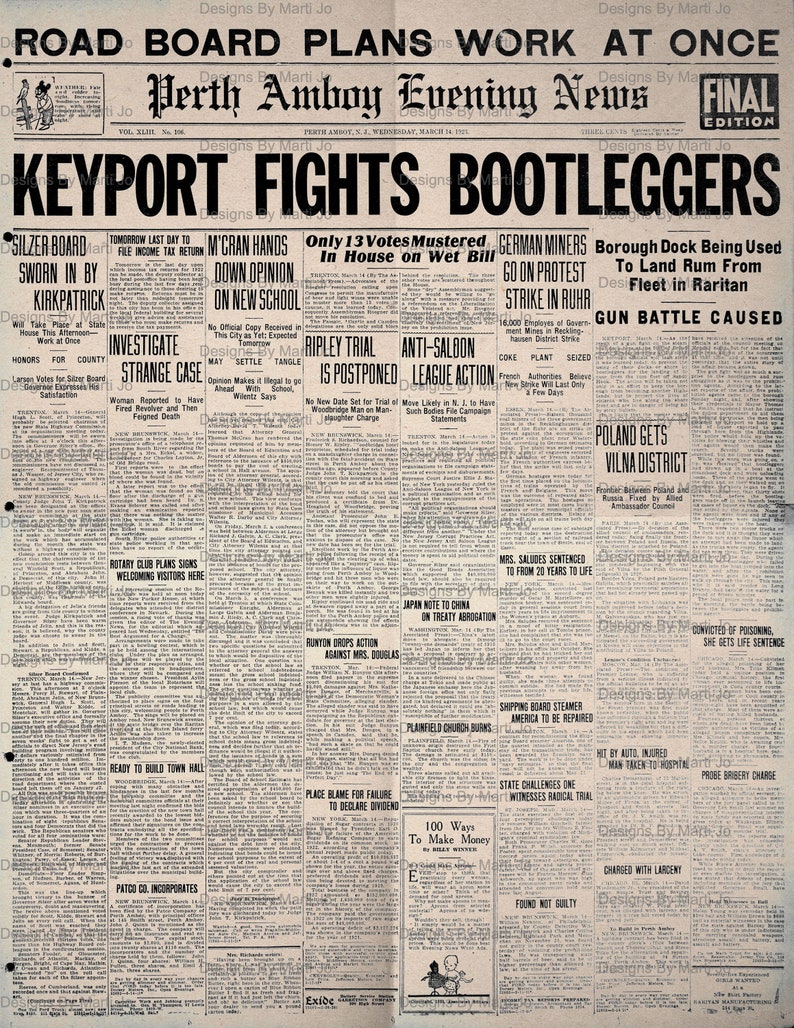 Puede incluir: Una p&aacute;gina de peri&oacute;dico en blanco y negro con el titular "Keyport Fights Bootleggers". El art&iacute;culo trata sobre una variedad de noticias locales, incluyendo una huelga de mineros alemanes, el aplazamiento de un juicio y una batalla a tiros.