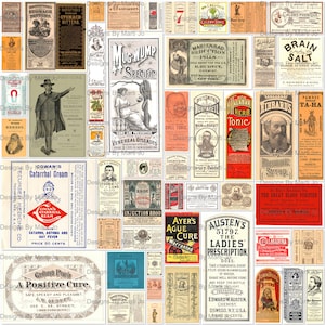 Kit de etiquetas de medicamentos antiguos (2 unidades) / 50 etiquetas digitales JPG de medicamentos antiguos / BONIFICACIÓN: Dos archivos JPEG y PDF de 8,5 x 11 pulgadas con todas las imágenes (5 x 5) / VL18