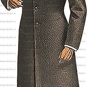May include: A vintage illustration of a man wearing a black top hat, a long black coat, and striped trousers. The man is standing with his right hand in his pocket and his left hand holding a walking stick.