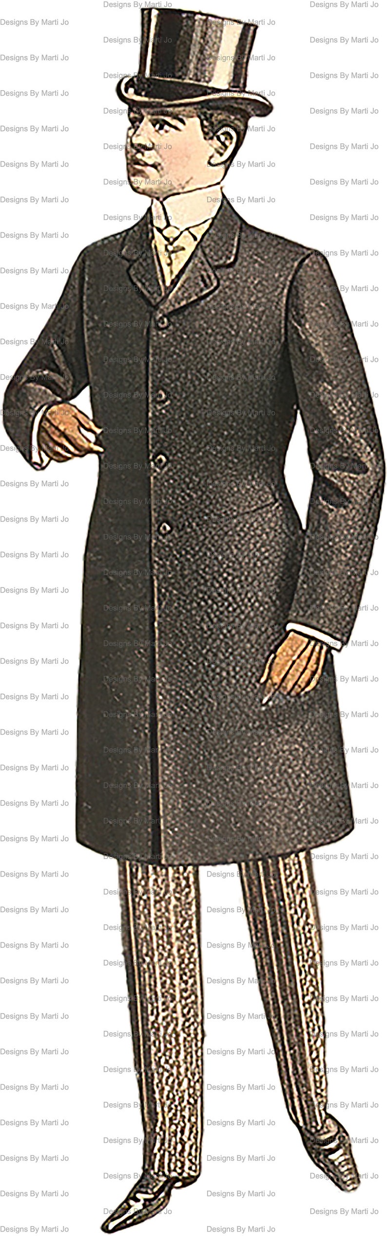 May include: A vintage illustration of a man wearing a black top hat, a long black coat, and striped trousers. The man is standing with his right hand in his pocket and his left hand holding a walking stick.