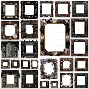 Puede incluir: Una colección de marcos de fotos ornamentados en varios estilos. Los marcos son predominantemente negros, con elementos decorativos como rosas, cintas y retratos de camafeos. Algunos marcos tienen detalles dorados y otros presentan arreglos florales.