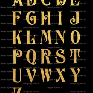 Gold Gilded Digital Vintage Complete Alphabet Fancy Letter Set ...