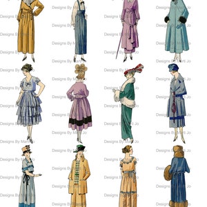 K&ouml;nnte beinhalten: Eine Sammlung von 12 Vintage-Modeillustrationen, die Frauen in verschiedenen Stilen von Kleidern, M&auml;nteln und H&uuml;ten zeigen. Die Illustrationen sind in Schwarzwei&szlig; mit einigen Farbakzenten. Der Text "Designs By Marti Jo" erscheint auf jeder Illustration.