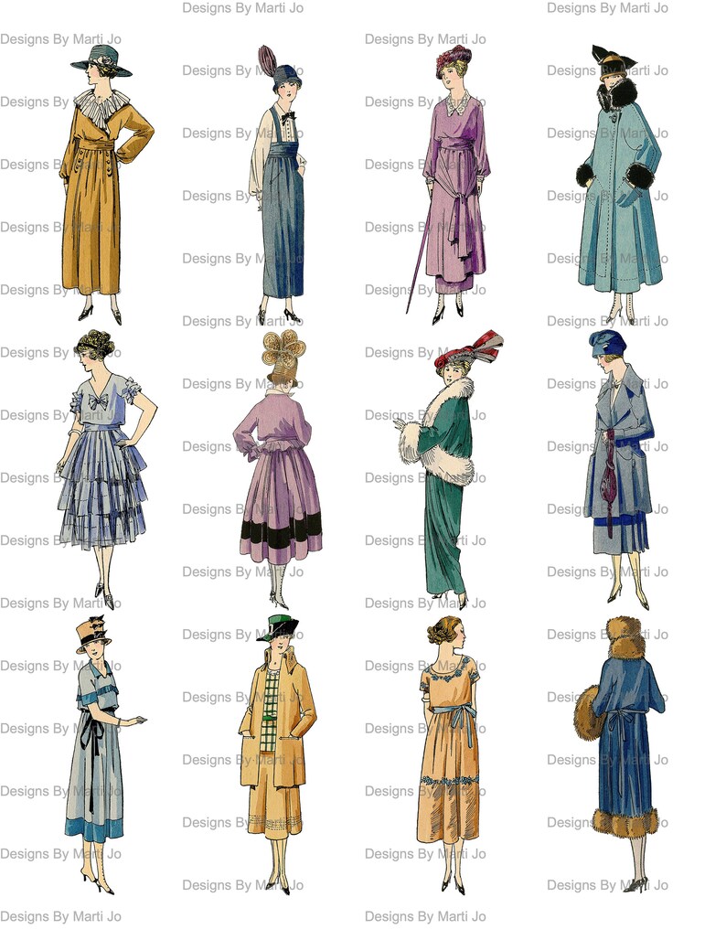 K&ouml;nnte beinhalten: Eine Sammlung von 12 Vintage-Modeillustrationen, die Frauen in verschiedenen Stilen von Kleidern, M&auml;nteln und H&uuml;ten zeigen. Die Illustrationen sind in Schwarzwei&szlig; mit einigen Farbakzenten. Der Text "Designs By Marti Jo" erscheint auf jeder Illustration.