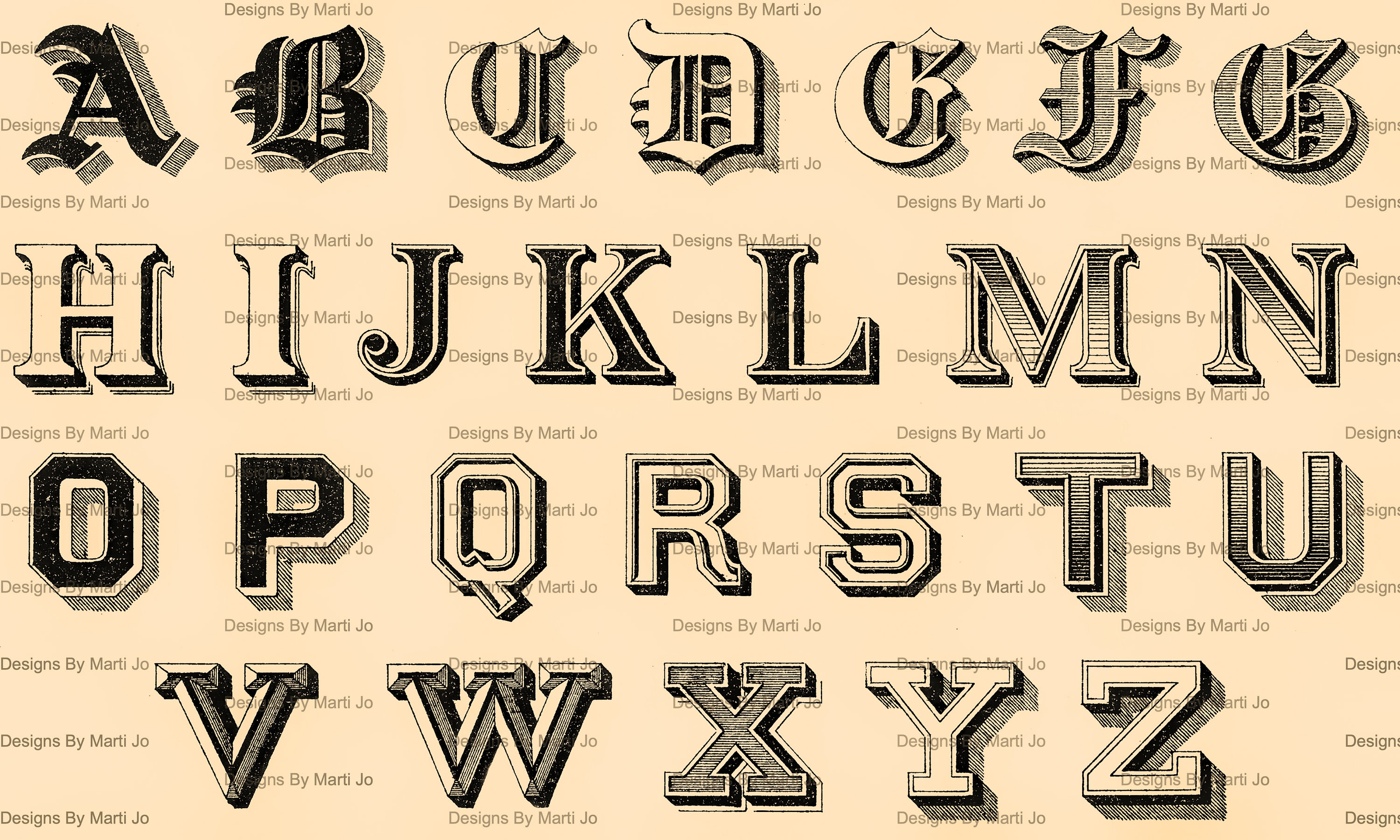 Printable Fancy Digital Vintage Complete Alphabet Lettering Set 2  Transparent PNG Antique Ornate Letters Sets Instant Download VC143 
