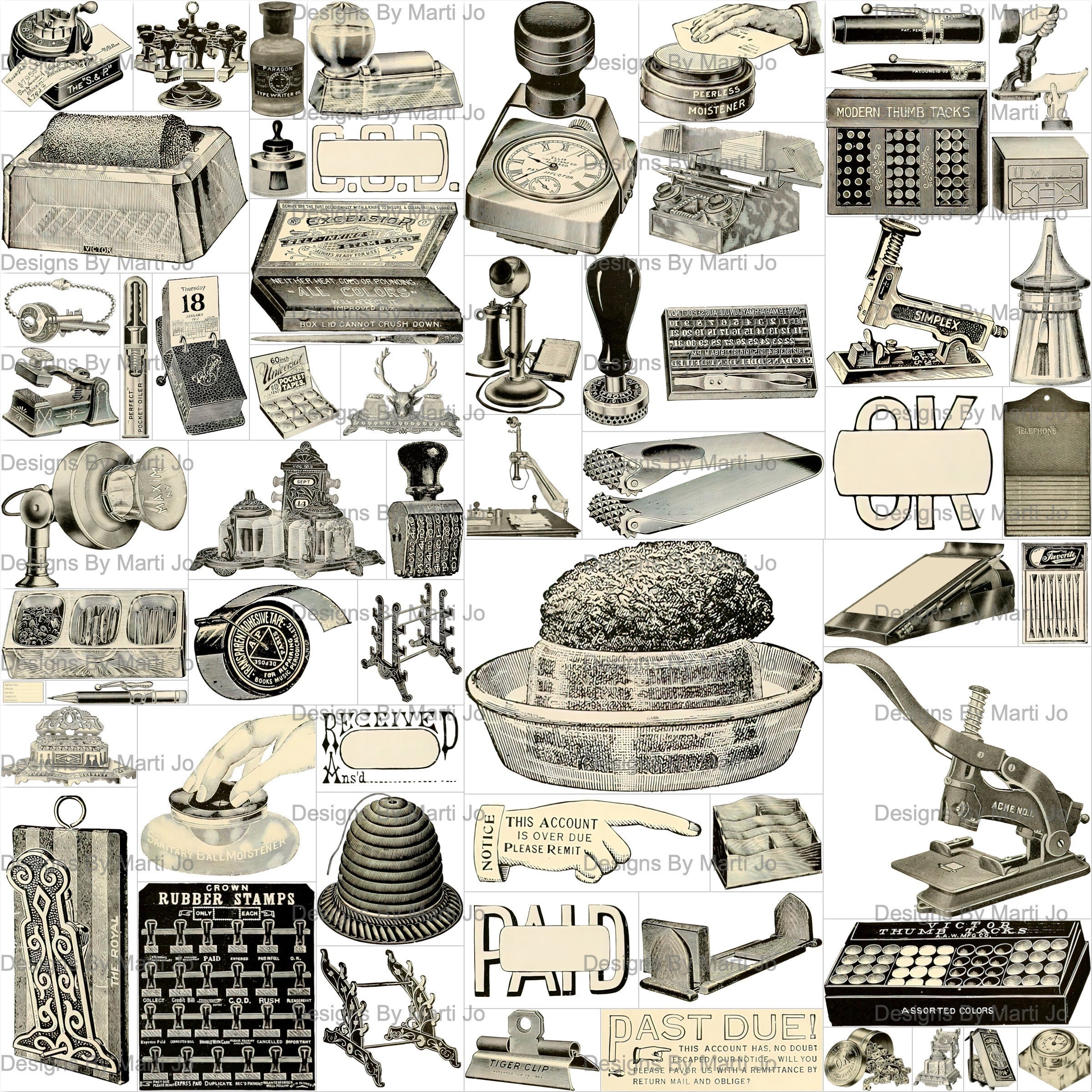 Vintage Office Supplies Elements Kit 1 60 Printable Vintage Business Items  BONUS: Two 8.5 X 11 Jpgs of All Images 5x6 VC65 (Download Now) 