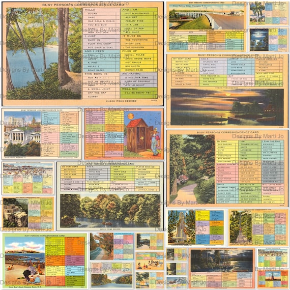 Funny Vintage Busy Person Postcards JPG Files | 25 8 Inch Wide Humorous Post Cards From "Busy" Travelers | Post Card Bundle | VC110