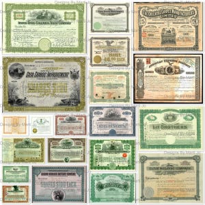 Certificados bursátiles antiguos, conjunto 3 / Documentos financieros antiguos / Descarga instantánea / Uso comercial permitido / JJ65