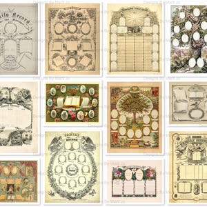 Op de afbeelding: Een set van 12 vintage printbare stamboomkaarten. De kaarten hebben verschillende ontwerpen, waaronder een boom, een krans en een boek. De kaarten zijn perfect om een ​​familiestamboom te maken.