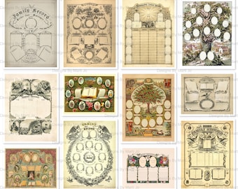 Mega paquete de plantillas de árboles genealógicos antiguos / 12 cuadros de registro familiar antiguos para imprimir / Descarga instantánea en versiones JPG y PDF de 8,5 x 11 / MB15